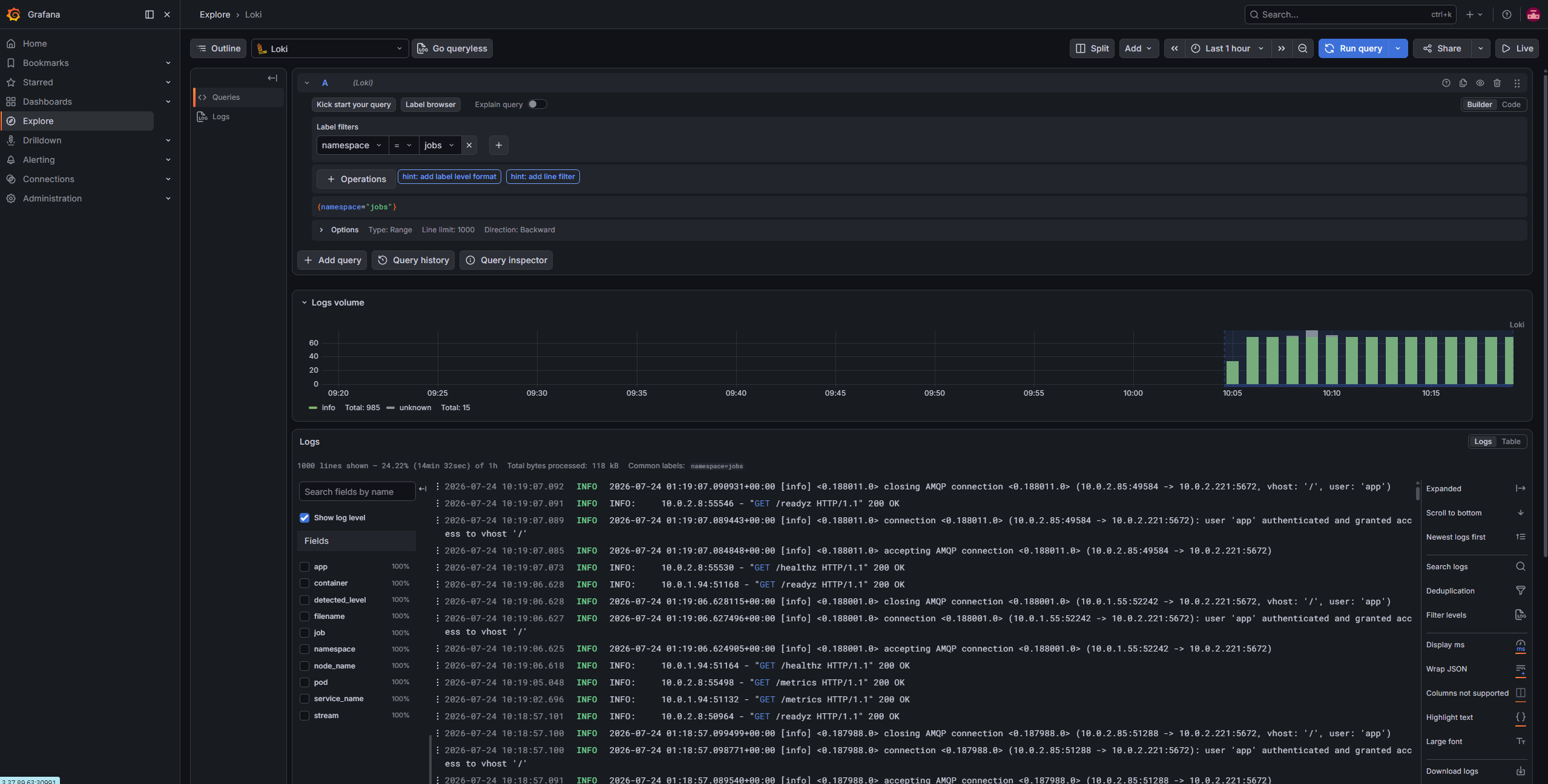 Grafana Explore의 Loki 쿼리 - jobs 네임스페이스 로그, RabbitMQ AMQP 연결·헬스체크 요청이 실시간으로 보인다